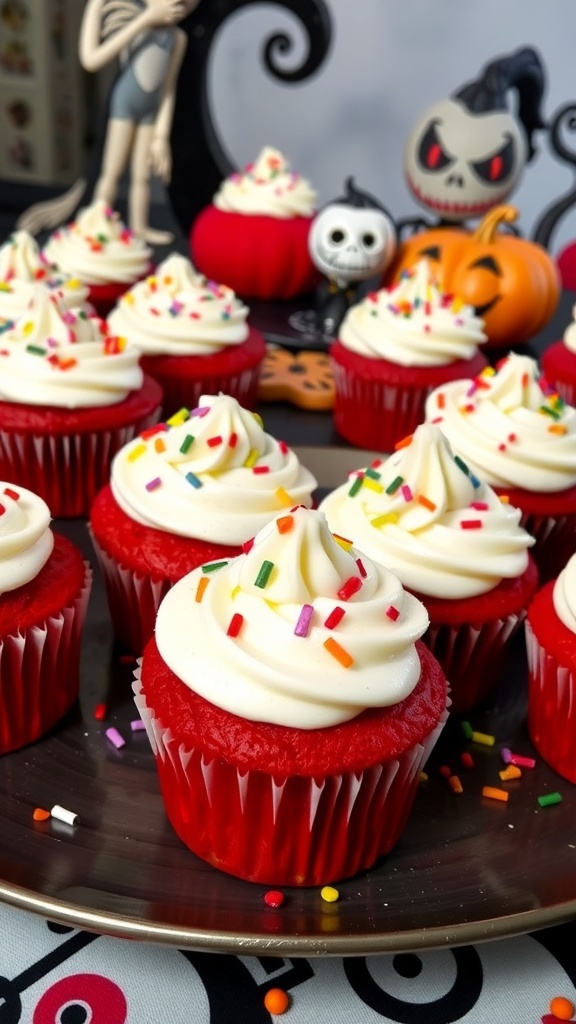 Red velvet cupcakes with cream cheese frosting and sprinkles, inspired by Sally from 